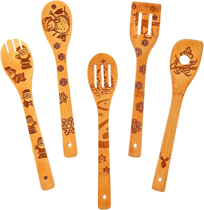 LeafyLane Wooden Utensil Set, Bamboo Utensils 5 pcs Wood Spoons for Cooking, Easy to Clean, Sturdy, Lightweight & Heat Resistant White Elephant Gift - Image 1